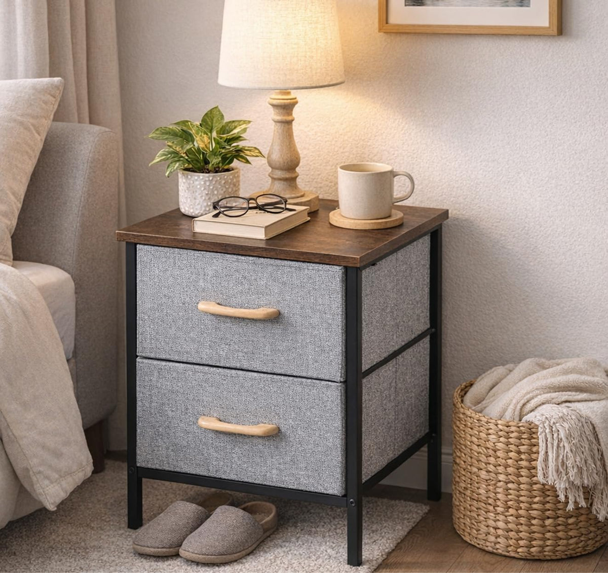 2/3/4 Layer Fabric Storage Organizer with Wooden Top and Metal Frame, Modern Dresser Storage Unit for Bedroom, Living Room, Office, Kids Room & Closet