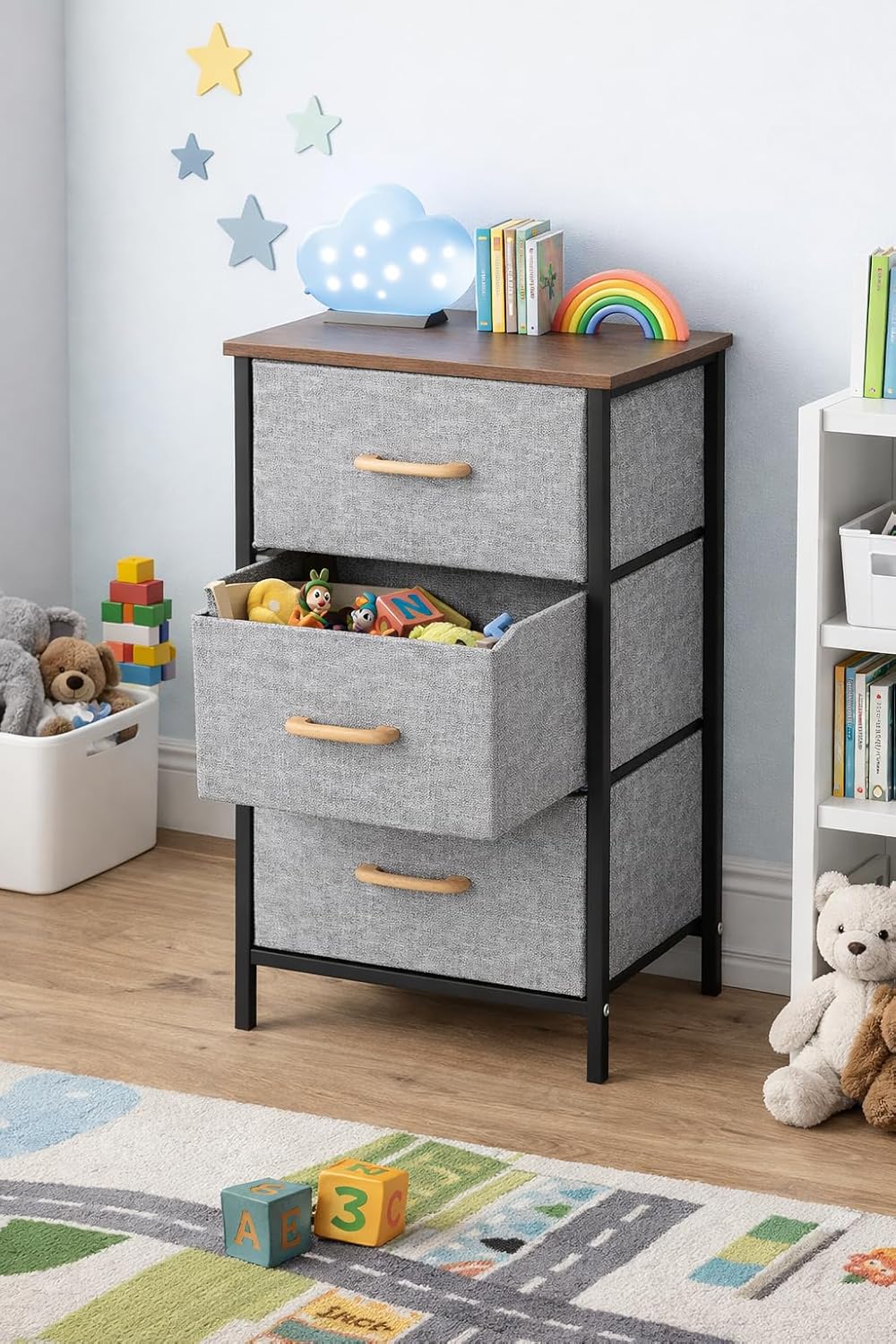 2/3/4 Layer Fabric Storage Organizer with Wooden Top and Metal Frame, Modern Dresser Storage Unit for Bedroom, Living Room, Office, Kids Room & Closet