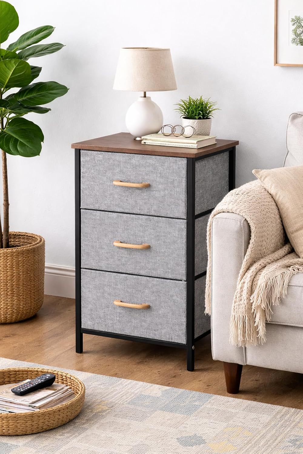 2/3/4 Layer Fabric Storage Organizer with Wooden Top and Metal Frame, Modern Dresser Storage Unit for Bedroom, Living Room, Office, Kids Room & Closet