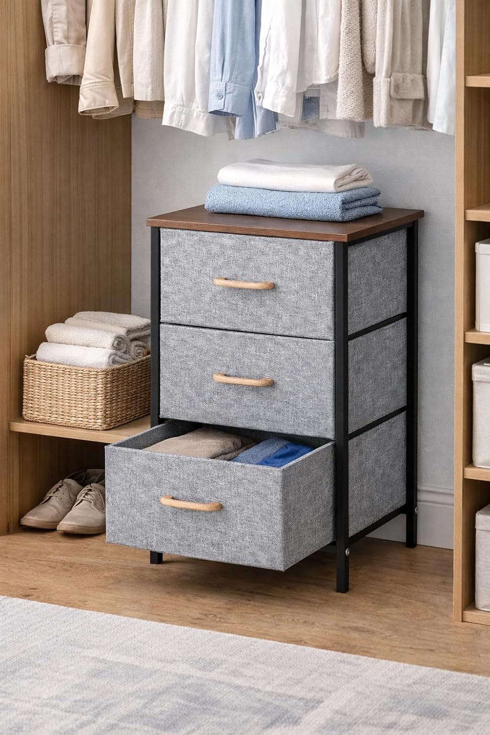 2/3/4 Layer Fabric Storage Organizer with Wooden Top and Metal Frame, Modern Dresser Storage Unit for Bedroom, Living Room, Office, Kids Room & Closet