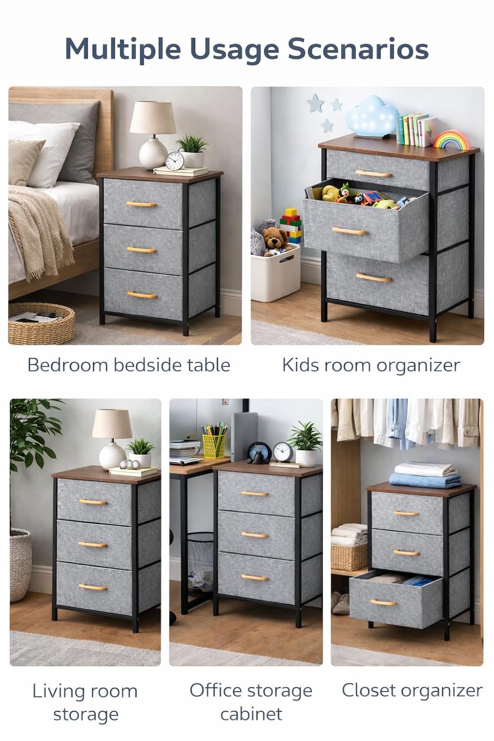 2/3/4 Layer Fabric Storage Organizer with Wooden Top and Metal Frame, Modern Dresser Storage Unit for Bedroom, Living Room, Office, Kids Room & Closet