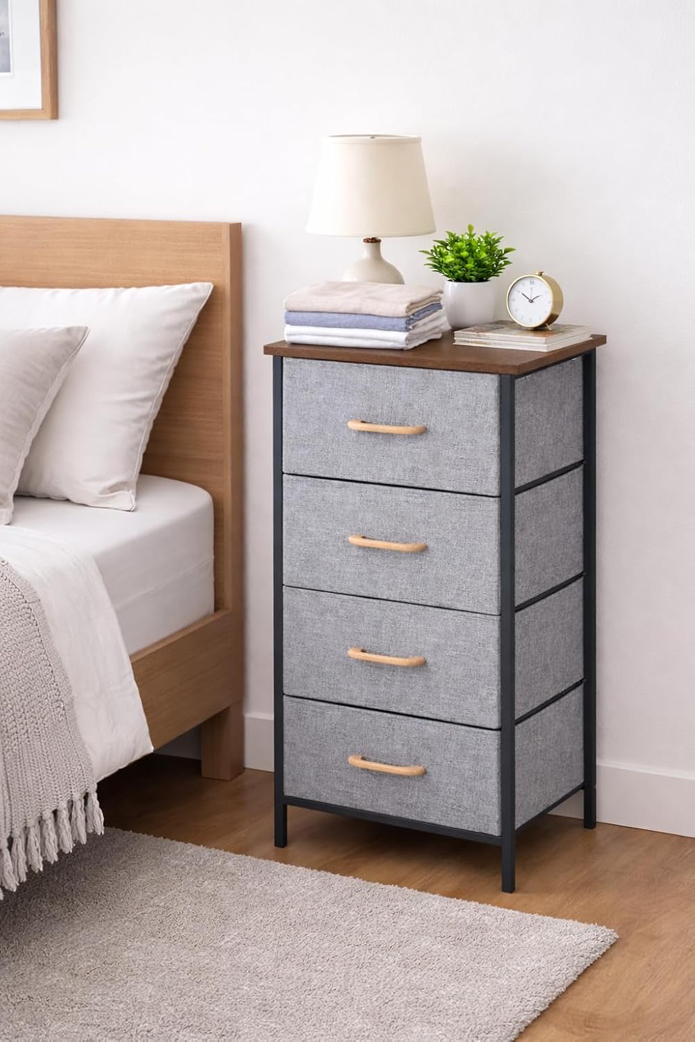 2/3/4 Layer Fabric Storage Organizer with Wooden Top and Metal Frame, Modern Dresser Storage Unit for Bedroom, Living Room, Office, Kids Room & Closet