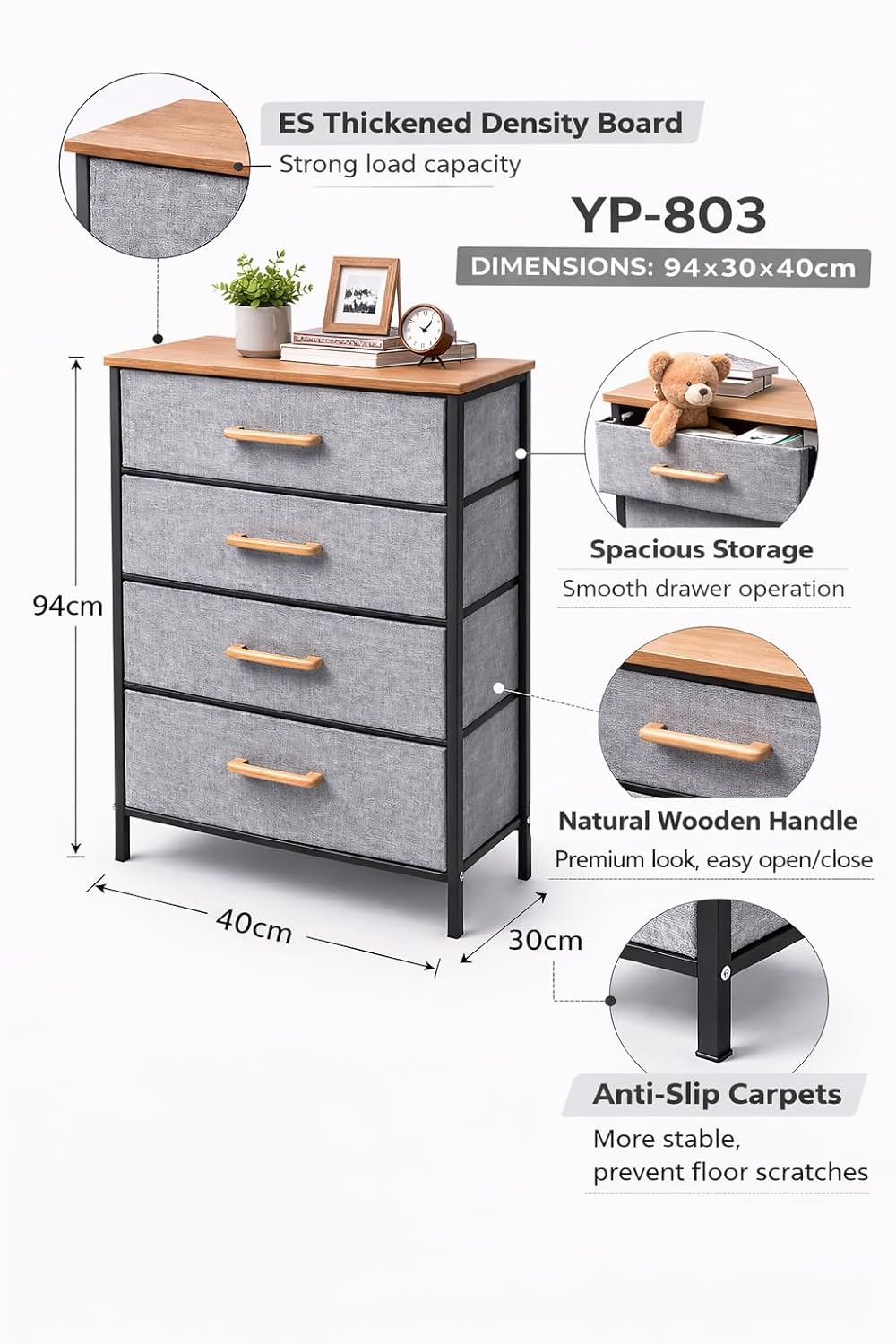 2/3/4 Layer Fabric Storage Organizer with Wooden Top and Metal Frame, Modern Dresser Storage Unit for Bedroom, Living Room, Office, Kids Room & Closet