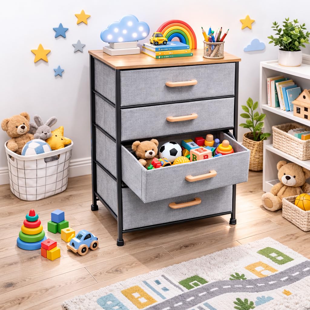 2/3/4 Layer Fabric Storage Organizer with Wooden Top and Metal Frame, Modern Dresser Storage Unit for Bedroom, Living Room, Office, Kids Room & Closet