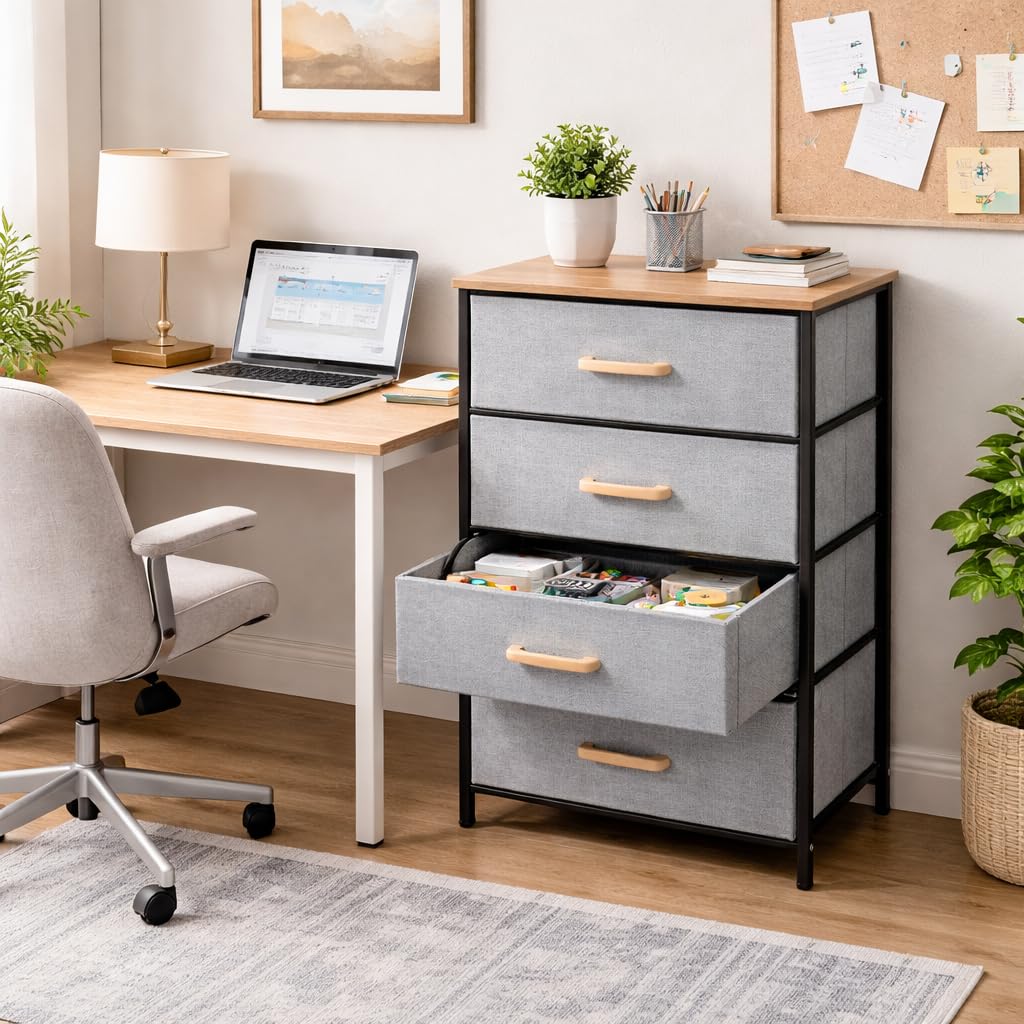 2/3/4 Layer Fabric Storage Organizer with Wooden Top and Metal Frame, Modern Dresser Storage Unit for Bedroom, Living Room, Office, Kids Room & Closet