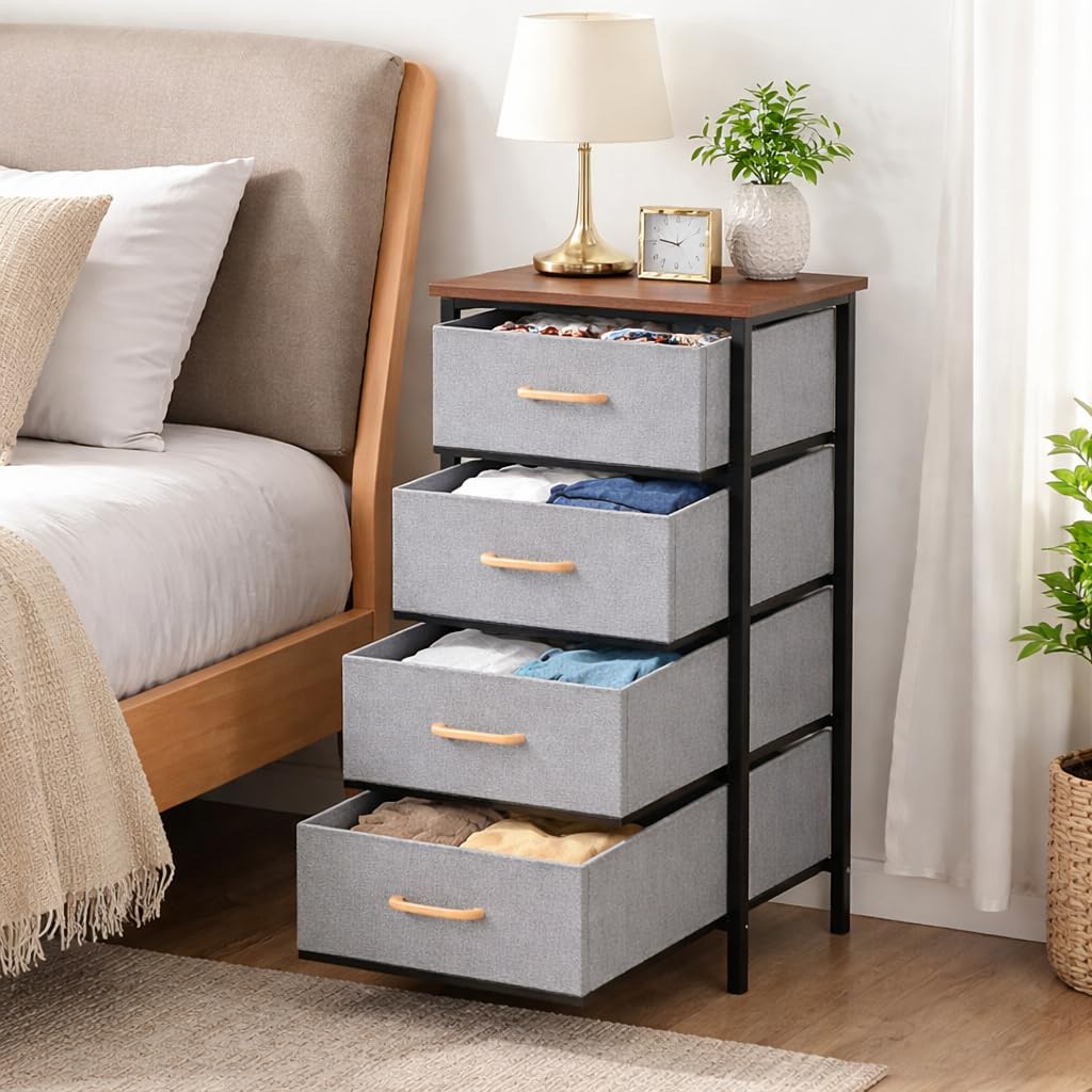 2/3/4 Layer Fabric Storage Organizer with Wooden Top and Metal Frame, Modern Dresser Storage Unit for Bedroom, Living Room, Office, Kids Room & Closet