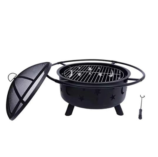Round Bonfire Wood Burning Patio & Backyard Firepit for Cooking BBQ Grill