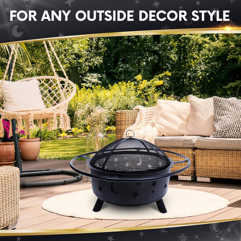 Round Bonfire Wood Burning Patio & Backyard Firepit for Cooking BBQ Grill