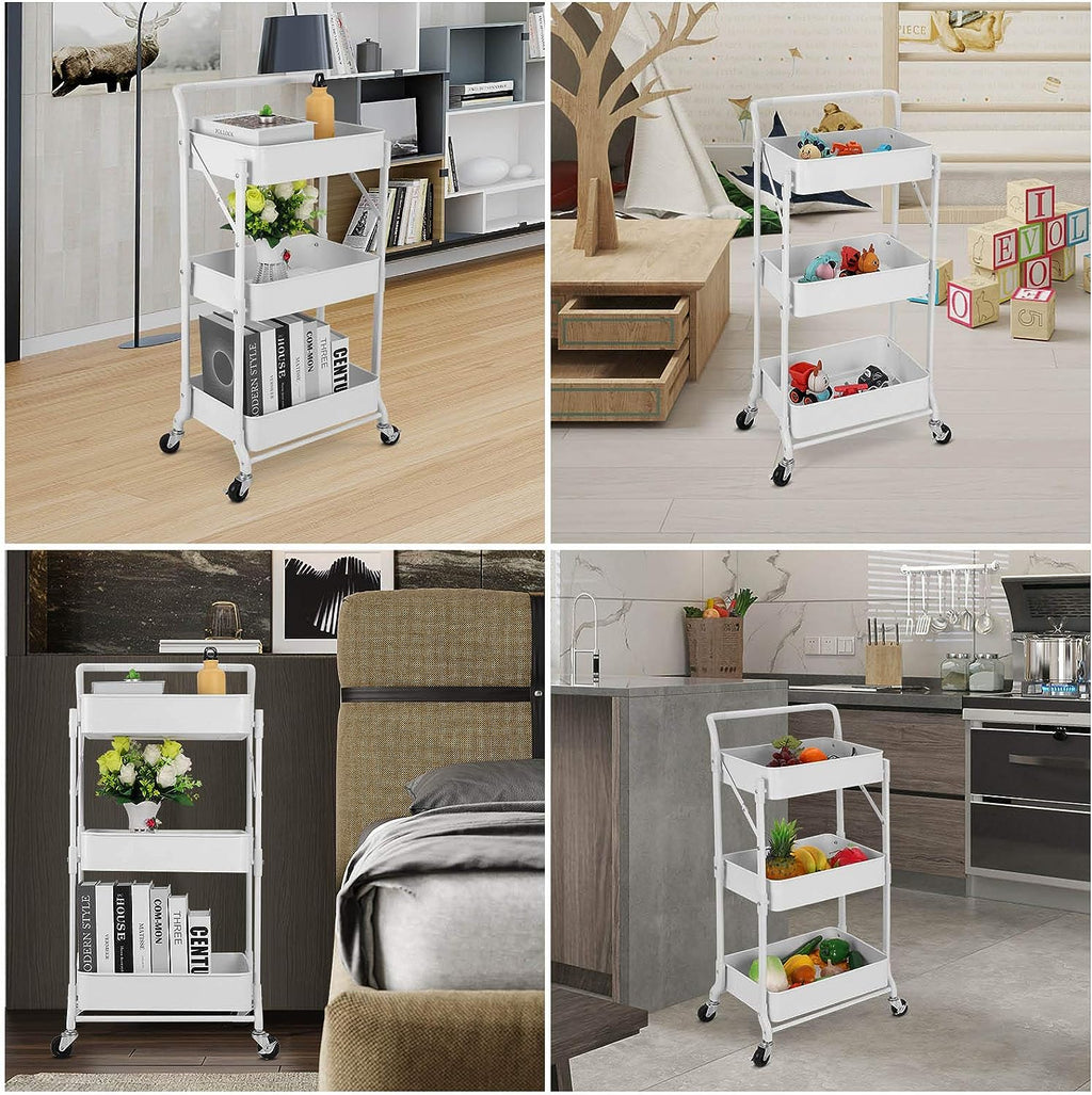 Foldable 3 Tier Metal Utility Rolling Cart, Folding Mobile Multi-Function Storage Trolley Organizer Cart (White)