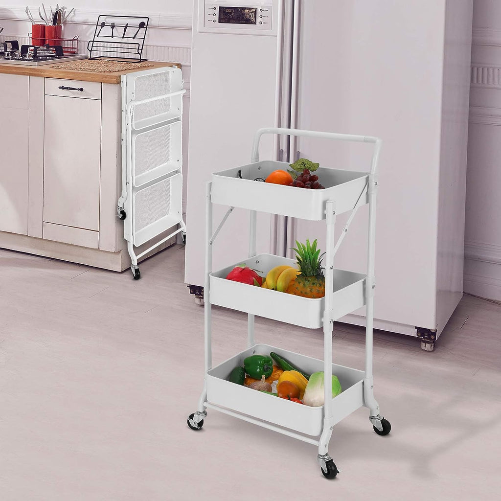 Foldable 3 Tier Metal Utility Rolling Cart, Folding Mobile Multi-Function Storage Trolley Organizer Cart (White)