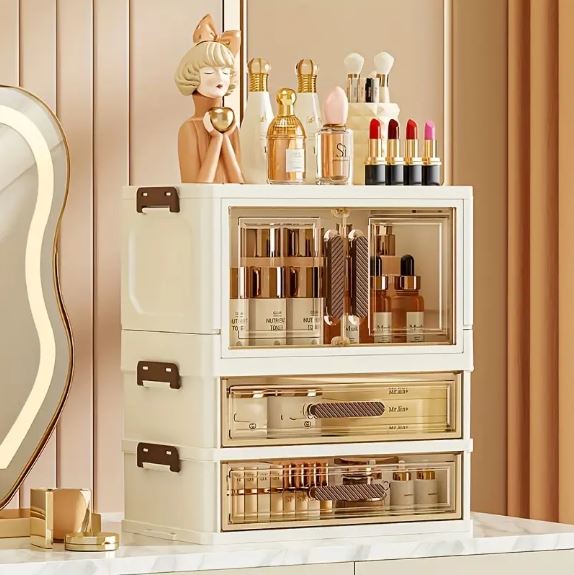 Foldable Cosmetic Organizer, Plastic Countertop Makeup Storage Cabinet with Polished Finish, Dust-Proof Transparent Drawers for Skincare