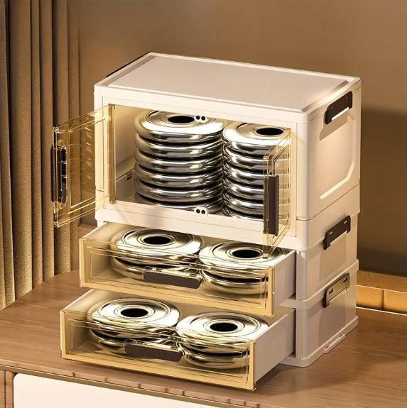 Foldable Cosmetic Organizer, Plastic Countertop Makeup Storage Cabinet with Polished Finish, Dust-Proof Transparent Drawers for Skincare