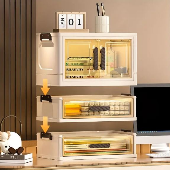 Foldable Cosmetic Organizer, Plastic Countertop Makeup Storage Cabinet with Polished Finish, Dust-Proof Transparent Drawers for Skincare