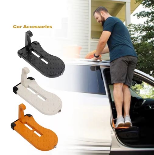 Foldable Car Door Step with Safety Hammer & Anti-Skid Wheel - Multi-Functional Car Door Climbing Pedals, Durable Aluminum Alloy (Black)