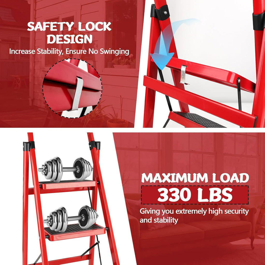 Heavy Duty Portable Multi-Purpose Ladders for Home, Kitchen, Step Stools for Adults with Wide Anti-Slip Pedals, Curved Cushioned Handrail and Safe-Lock Design