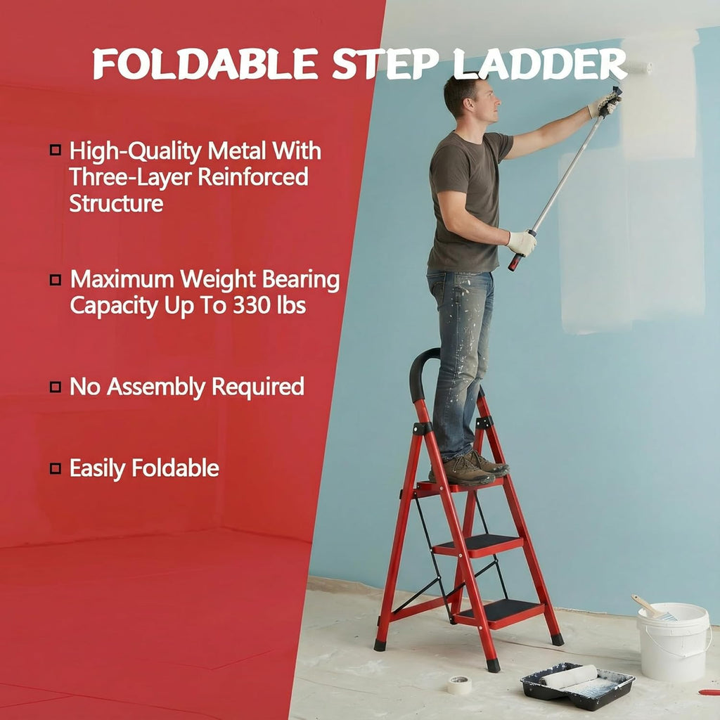 Heavy Duty Portable Multi-Purpose Ladders for Home, Kitchen, Step Stools for Adults with Wide Anti-Slip Pedals, Curved Cushioned Handrail and Safe-Lock Design