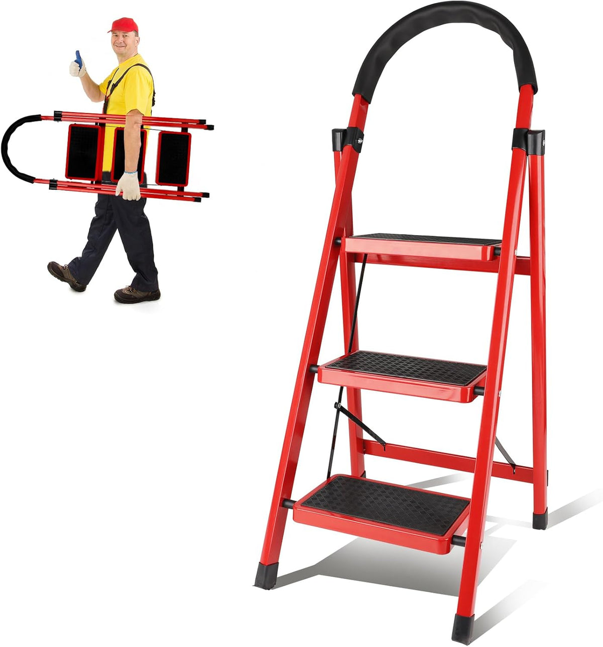 Heavy Duty Portable Multi-Purpose Ladders for Home, Kitchen, Step Stools for Adults with Wide Anti-Slip Pedals, Curved Cushioned Handrail and Safe-Lock Design