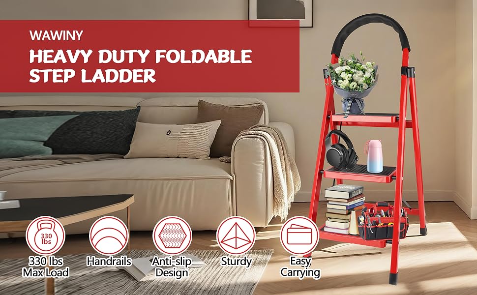 Heavy Duty Portable Multi-Purpose Ladders for Home, Kitchen, Step Stools for Adults with Wide Anti-Slip Pedals, Curved Cushioned Handrail and Safe-Lock Design