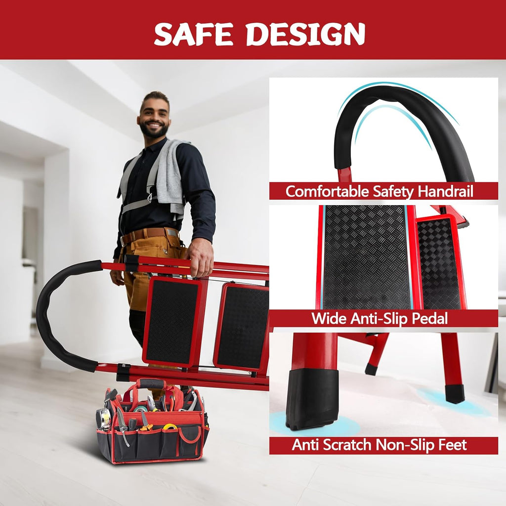 Heavy Duty Portable Multi-Purpose Ladders for Home, Kitchen, Step Stools for Adults with Wide Anti-Slip Pedals, Curved Cushioned Handrail and Safe-Lock Design
