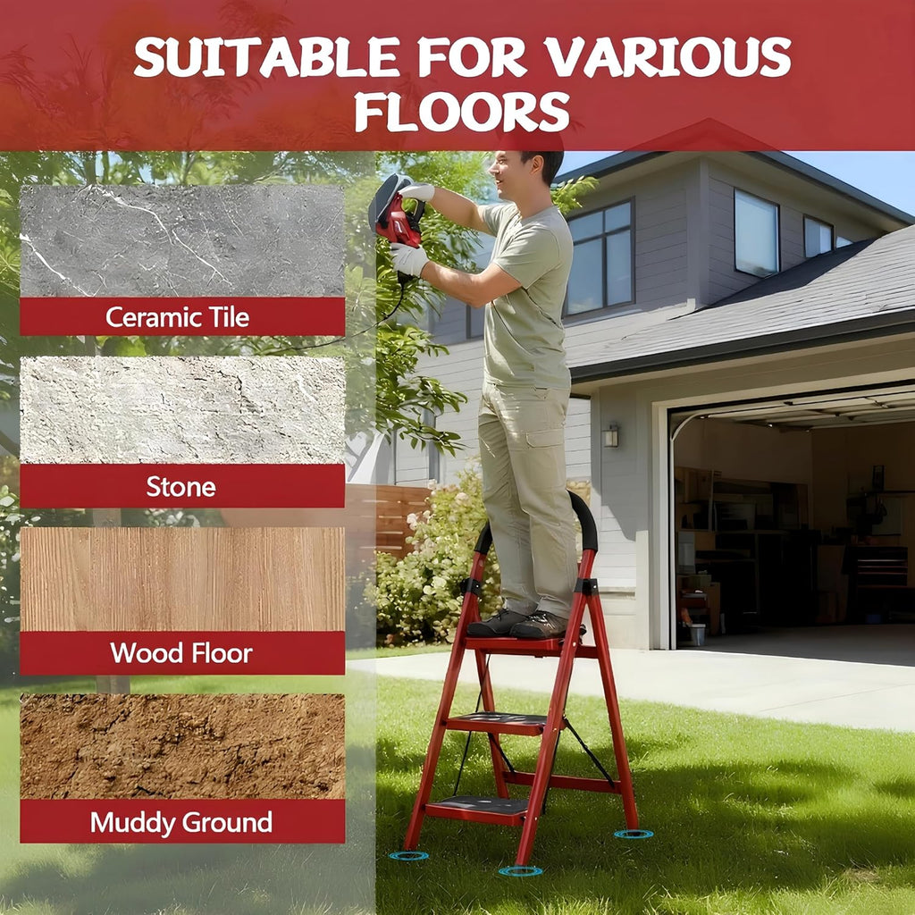 Heavy Duty Portable Multi-Purpose Ladders for Home, Kitchen, Step Stools for Adults with Wide Anti-Slip Pedals, Curved Cushioned Handrail and Safe-Lock Design