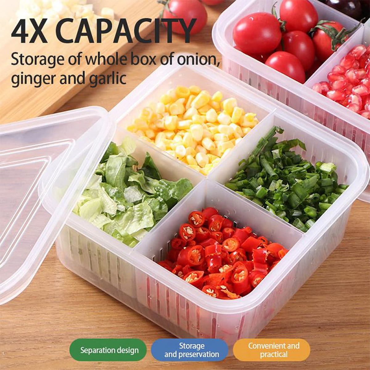 Fridge Food Storage Container With Lid, Airtight Refrigerator Food Box With 4Pcs Detachable Drain Baskets