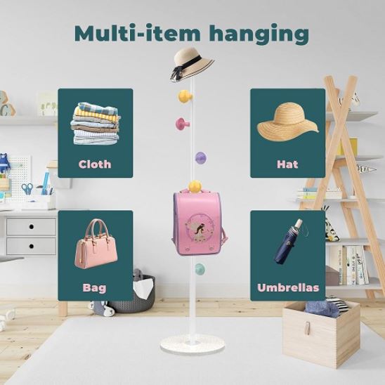 Freestanding Children Colorful Coat Rack, Bag Rack Stand, Cartoon Simple Floor Hanging Hanger, Vertical Hanging Backpack Rack, Clothes Rack, Storage Hat Rack for Kid Bedroom