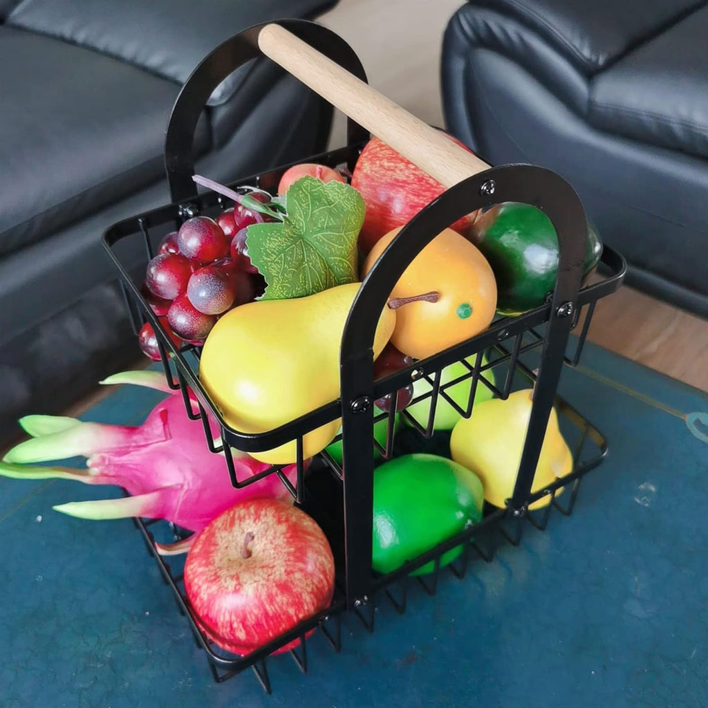 Fruit Storage Basket 2-Tier Kitchen Countertop Storage Rack With Wooden Handle (Black)