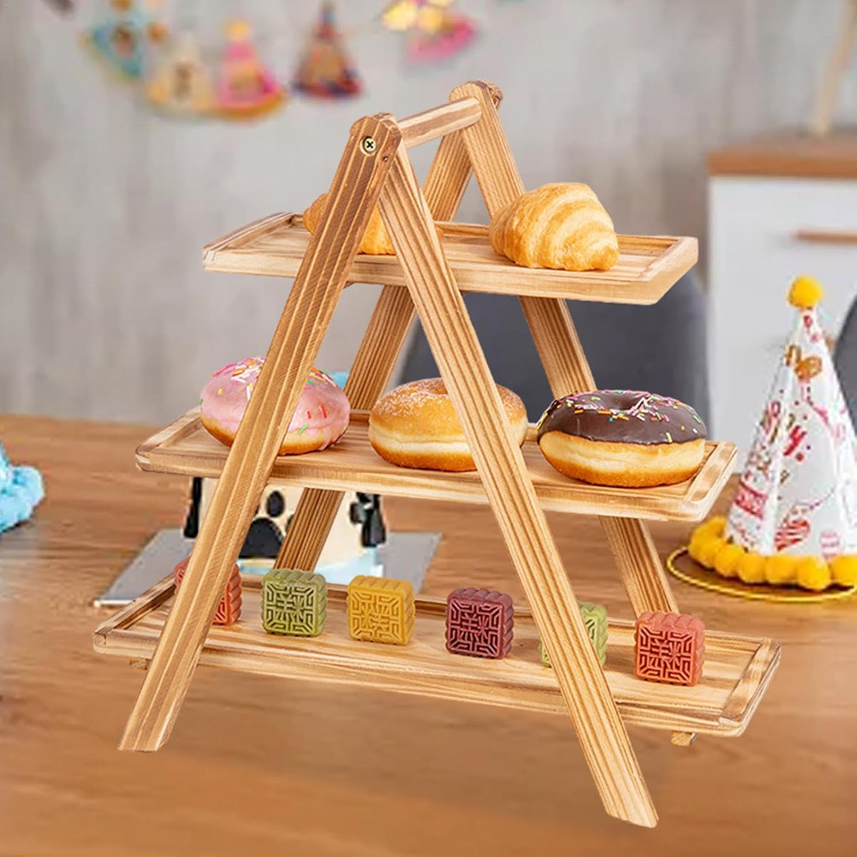3 Tier Rustic Cake Stand Serving Tray, Fruits Platter, Food Display Rack, Foldable Rack Wooden Cupcake Stand