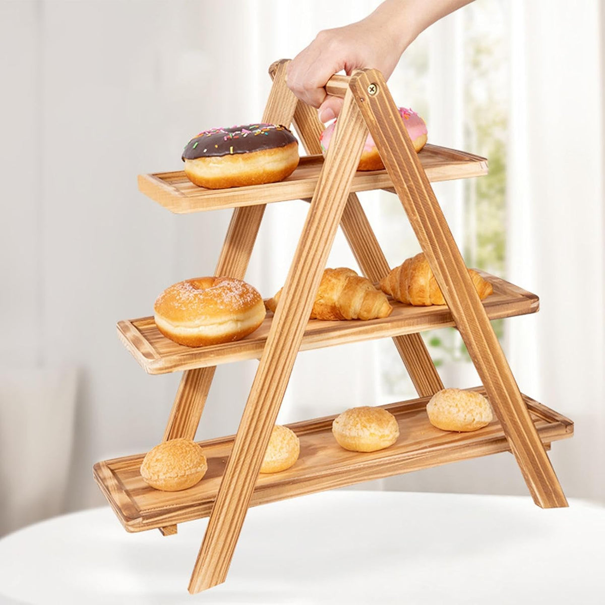 3 Tier Rustic Cake Stand Serving Tray, Fruits Platter, Food Display Rack, Foldable Rack Wooden Cupcake Stand