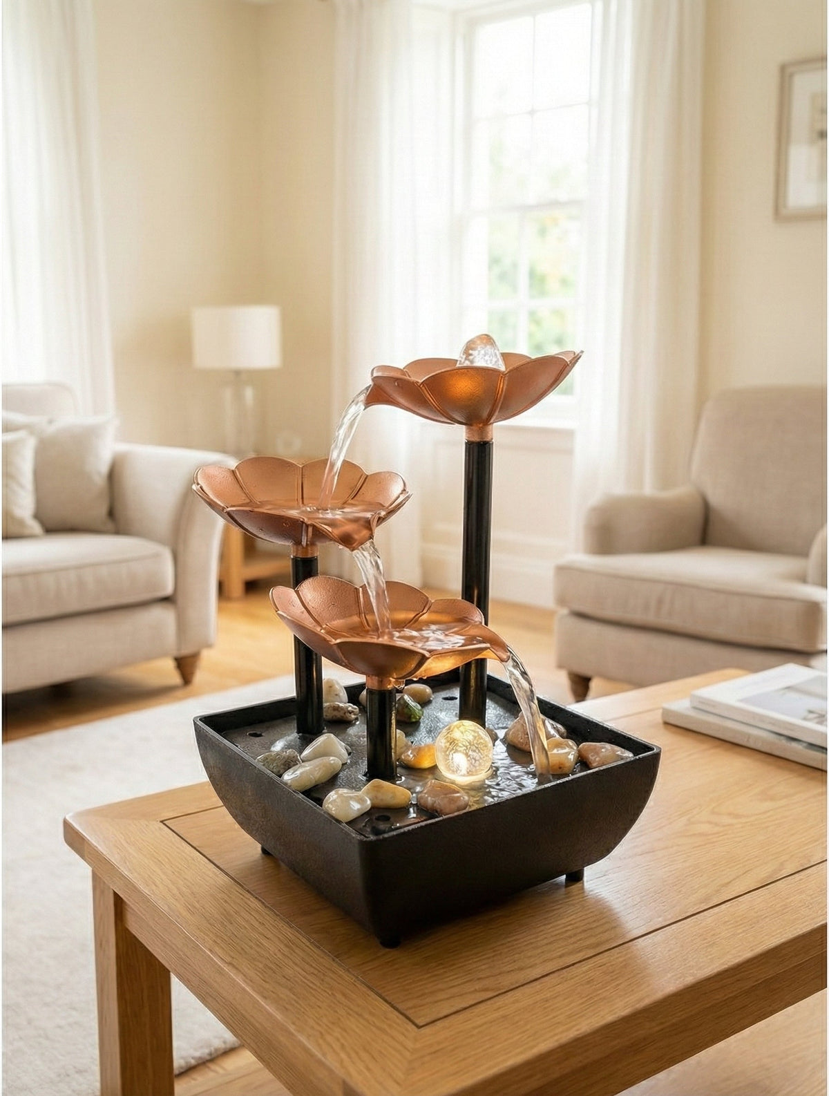 Tabletop Water Fountain with LED Crystal Ball & Pebbles