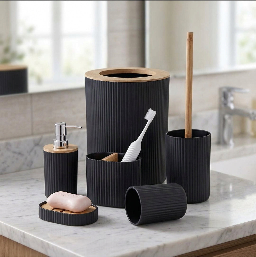 Wooden Lid Matt Black 6 pcs Bathroom Set