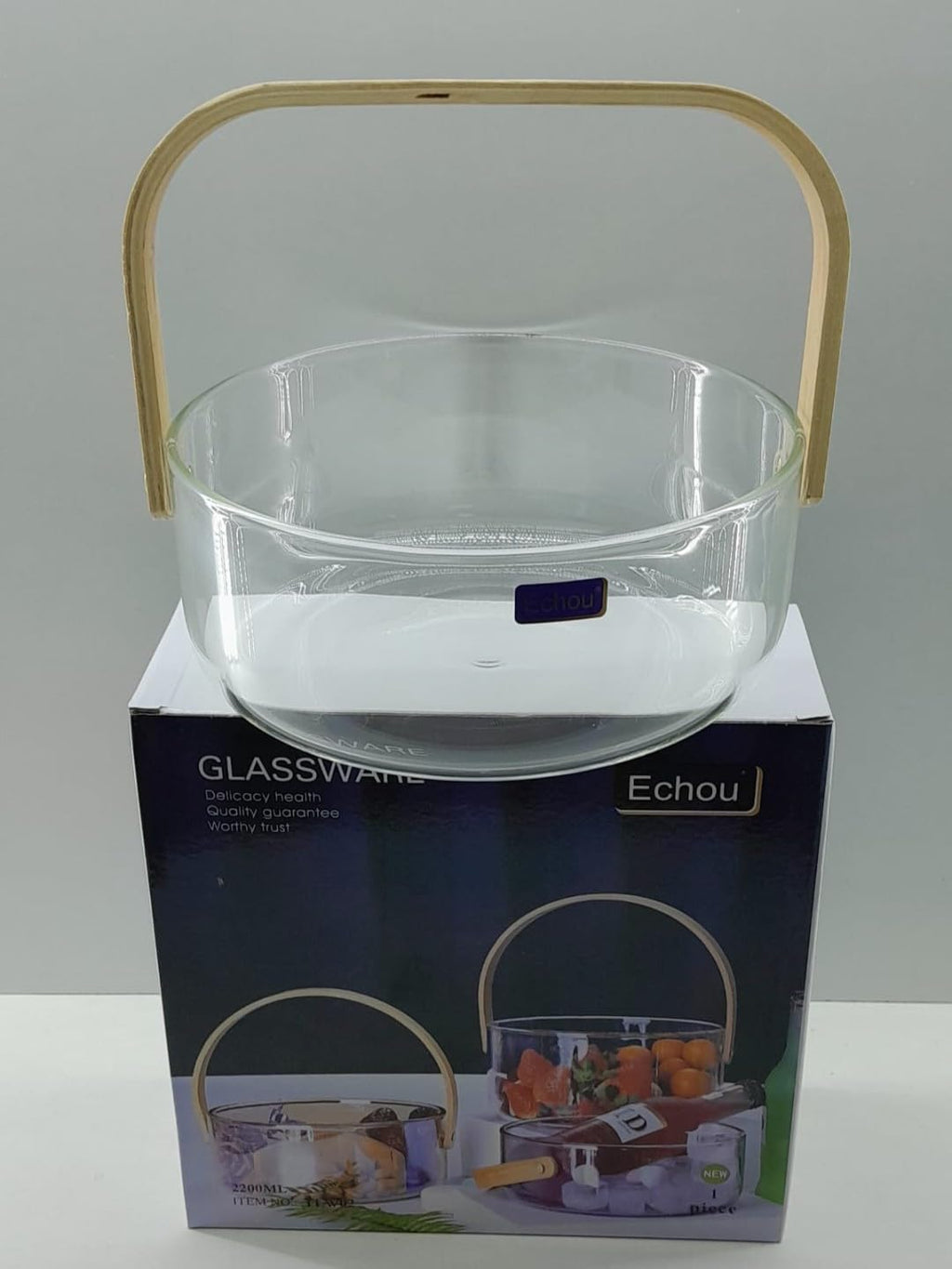 Glass Fruit Basket with Wooden Handle, 2.2L Borosilicate Glass Bowl With Bamboo Handle for Serving & Storage