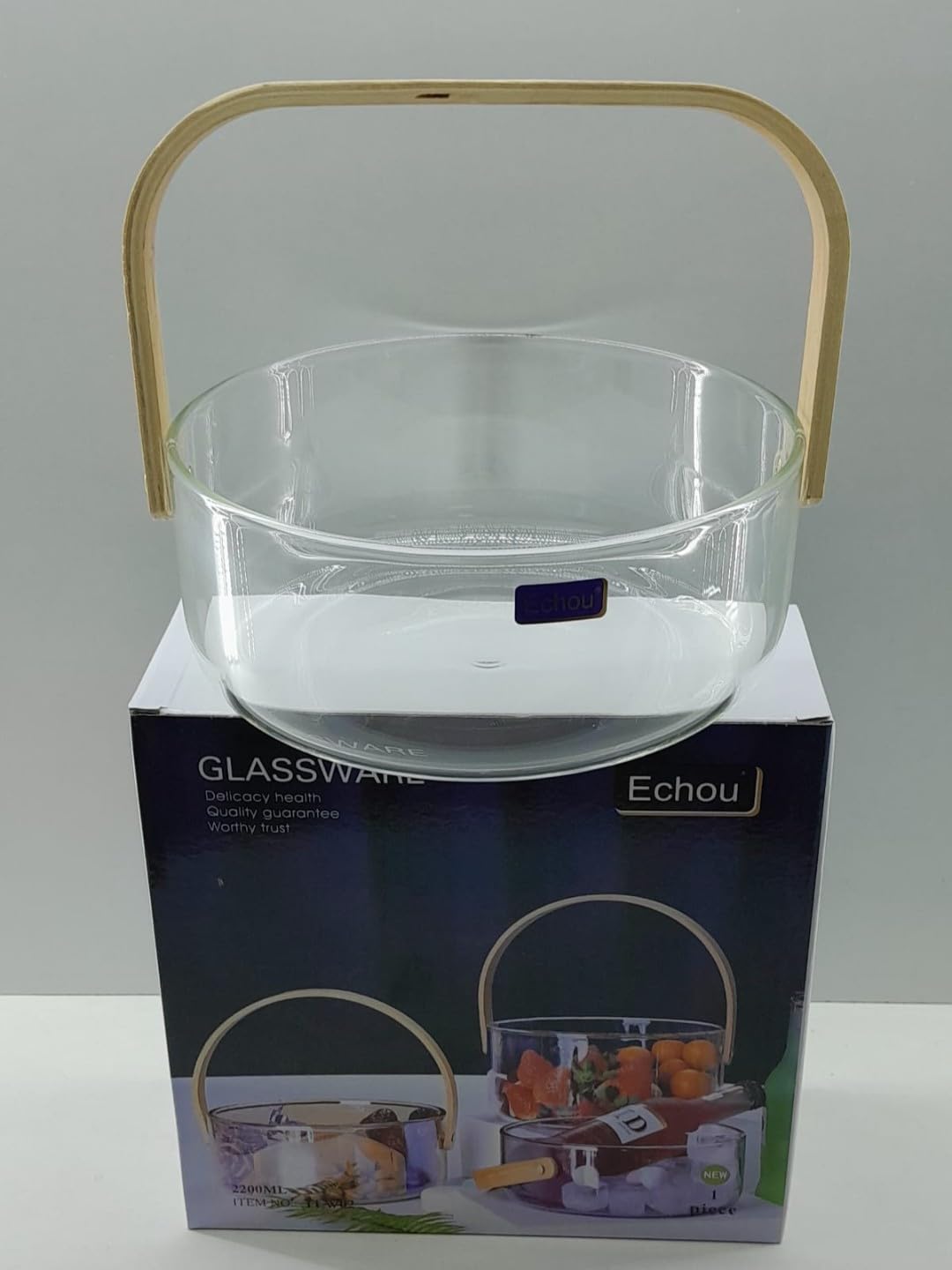 Glass Fruit Basket with Wooden Handle, 2.2L Borosilicate Glass Bowl With Bamboo Handle for Serving & Storage