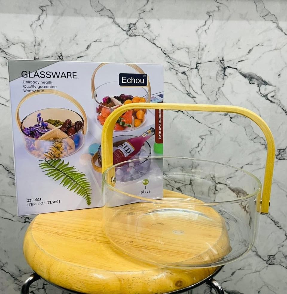Glass Fruit Basket with Wooden Handle, 2.2L Borosilicate Glass Bowl With Bamboo Handle for Serving & Storage