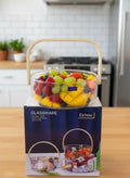 Glass Fruit Basket with Wooden Handle, 2.2L Borosilicate Glass Bowl With Bamboo Handle for Serving & Storage