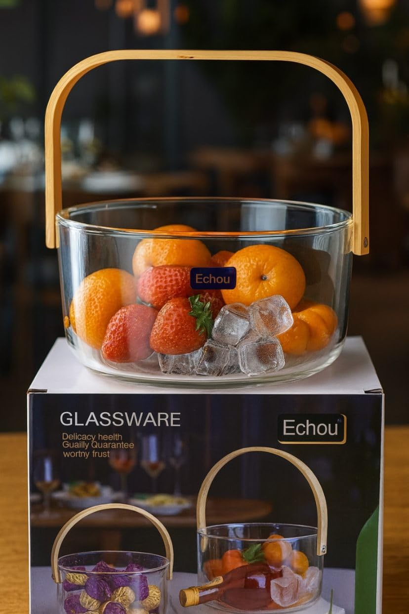 Glass Fruit Basket with Wooden Handle, 2.2L Borosilicate Glass Bowl With Bamboo Handle for Serving & Storage