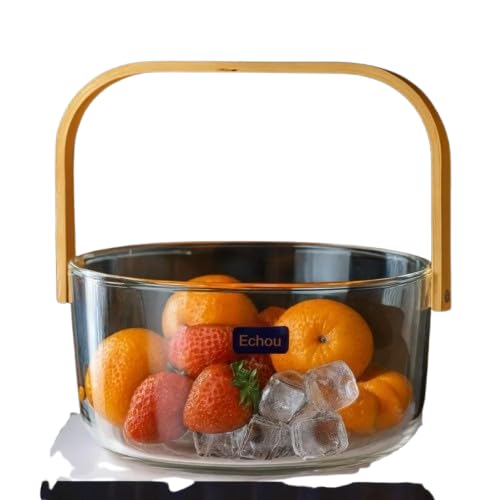 Glass Fruit Basket with Wooden Handle, 2.2L Borosilicate Glass Bowl With Bamboo Handle for Serving & Storage