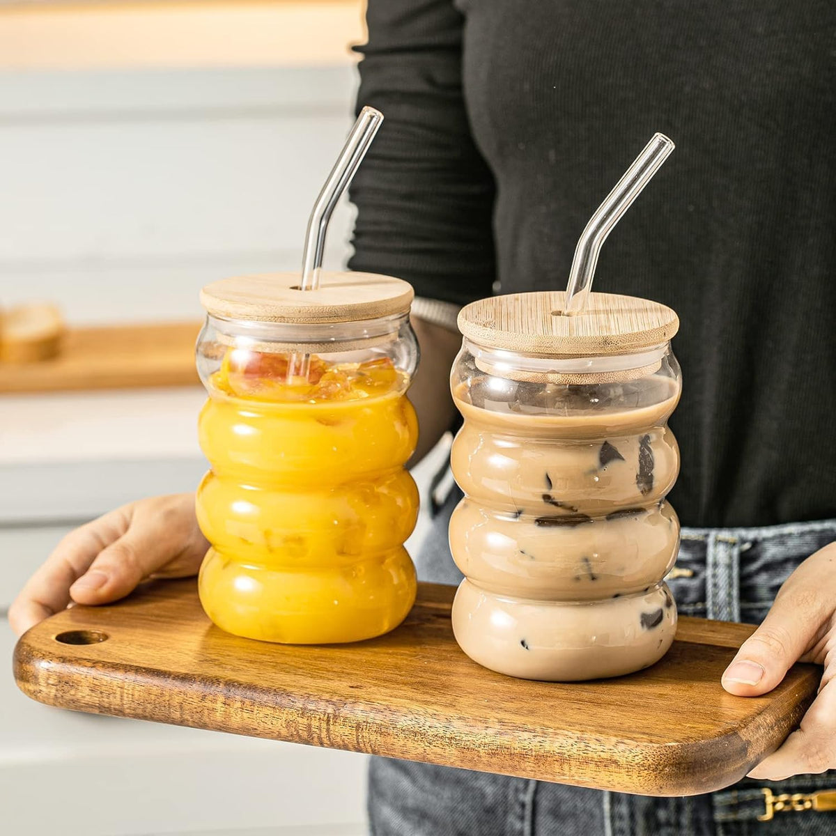 Stackable Glass Bubble Jars with Bamboo Lid 500ml, Clear Glass Container with Straw, Modern Design for Beverages and Smoothies