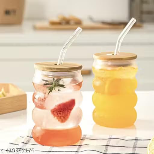 Stackable Glass Bubble Jars with Bamboo Lid 500ml, Clear Glass Container with Straw, Modern Design for Beverages and Smoothies