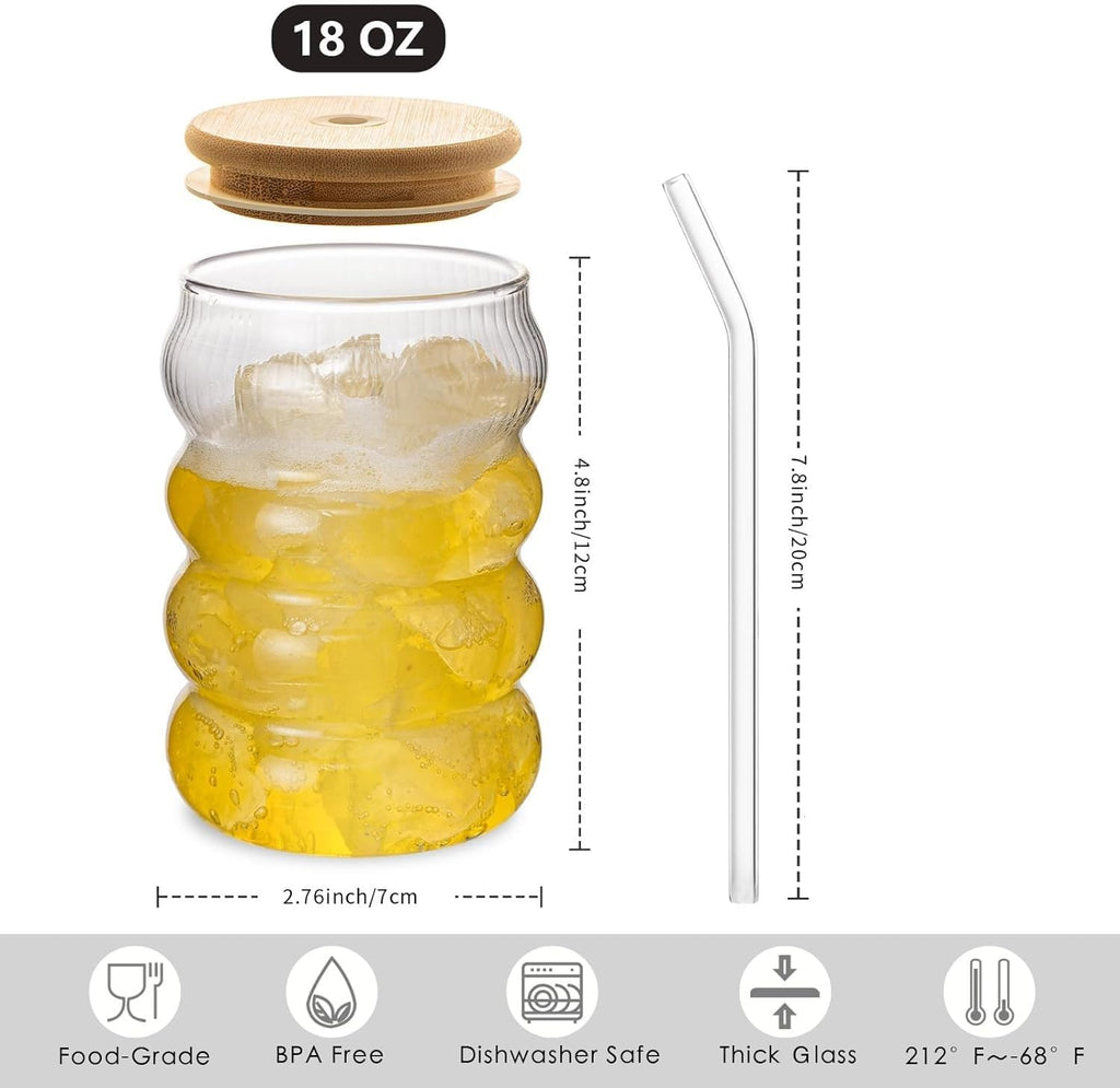 Stackable Glass Bubble Jars with Bamboo Lid 500ml, Clear Glass Container with Straw, Modern Design for Beverages and Smoothies