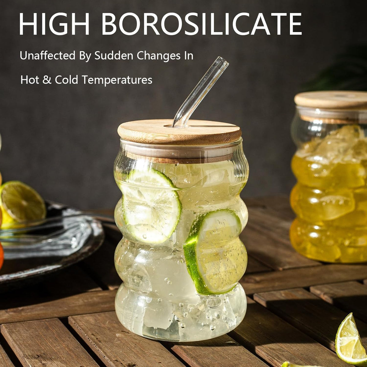 Stackable Glass Bubble Jars with Bamboo Lid 500ml, Clear Glass Container with Straw, Modern Design for Beverages and Smoothies