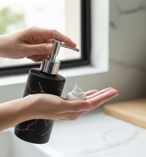 500ML Thunder Design Glass Soap Dispenser for Bathroom with Plastic Pump, Handwash Liquid Dispenser Bottle for Kitchen, Basin and Sanitizer Dispenser for Hand Black