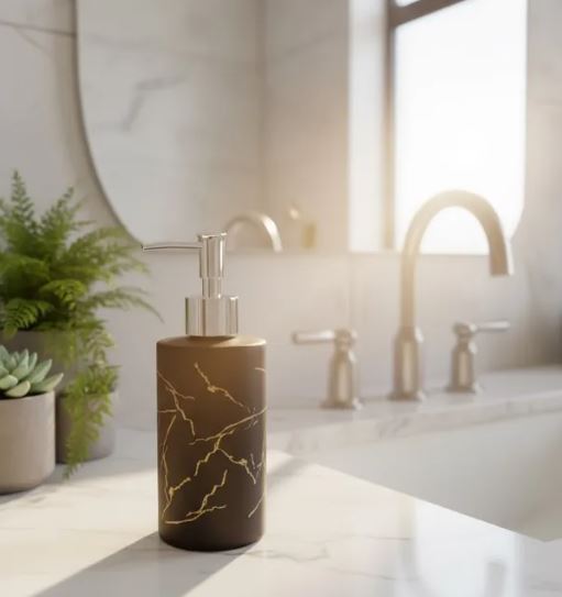 500ML Thunder Design Glass Soap Dispenser for Bathroom with Plastic Pump, Handwash Liquid Dispenser Bottle for Kitchen, Basin and Sanitizer Dispenser for Hand Black