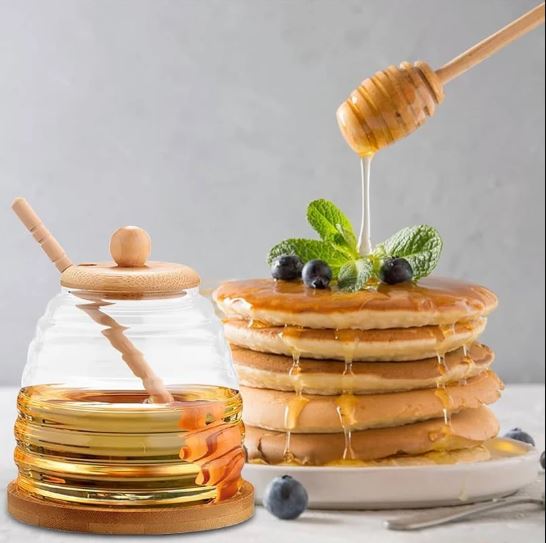 Glass Honey Pot With Spoon, Honey Jar With Wooden Lid, Solid Glass Honey Pot Dispenser With Lid