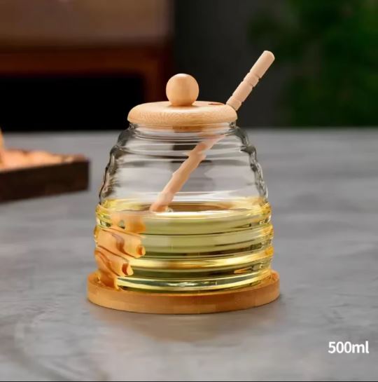 Glass Honey Pot With Spoon, Honey Jar With Wooden Lid, Solid Glass Honey Pot Dispenser With Lid