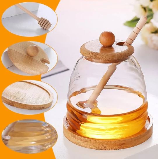 Glass Honey Pot With Spoon, Honey Jar With Wooden Lid, Solid Glass Honey Pot Dispenser With Lid