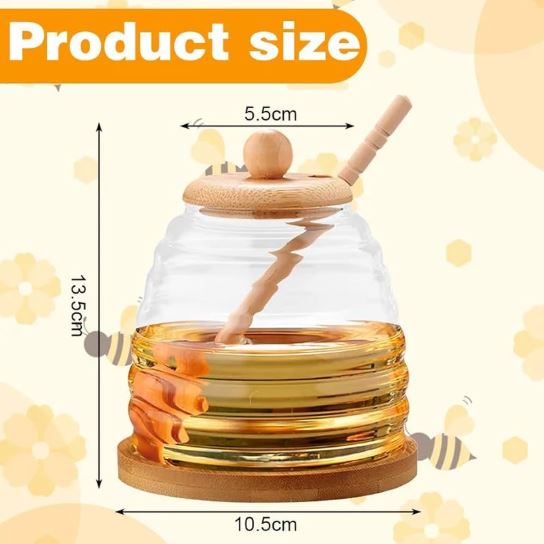 Glass Honey Pot With Spoon, Honey Jar With Wooden Lid, Solid Glass Honey Pot Dispenser With Lid