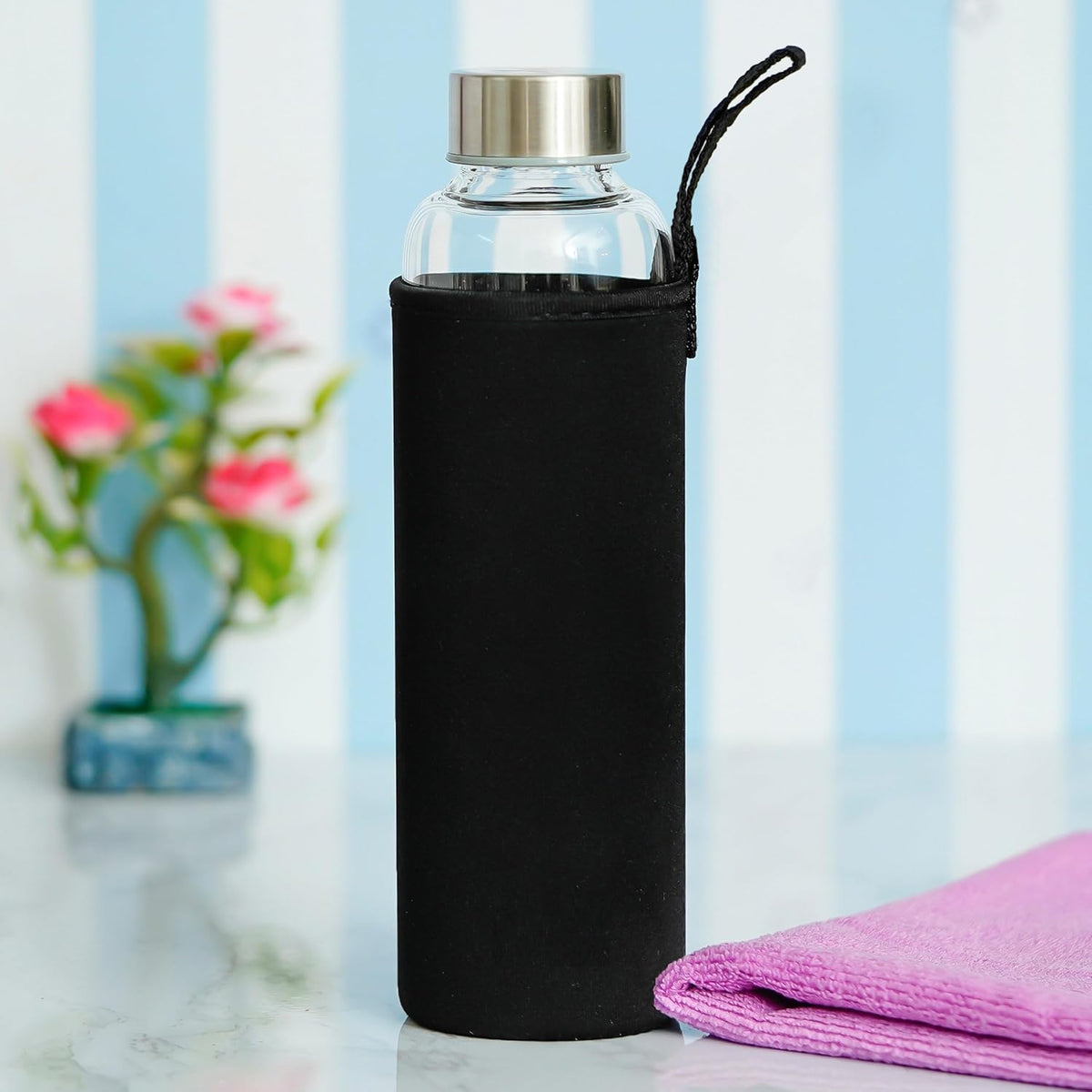 Borosilicate Glass Water Bottle Stainless Steel Leakproof Lid And Cover