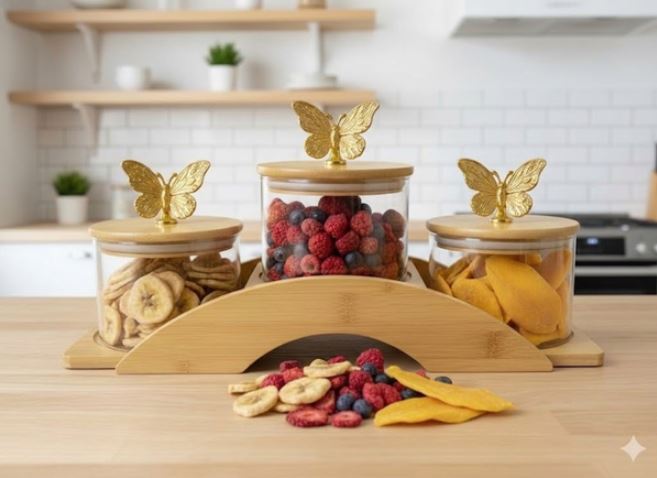 Glass Storage Jar Bowl Set with Bamboo Airtight Lids & Wooden Stand