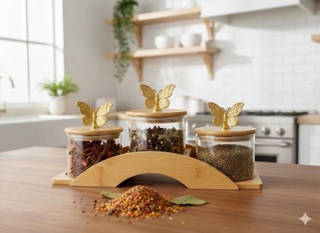 Glass Storage Jar Bowl Set with Bamboo Airtight Lids & Wooden Stand